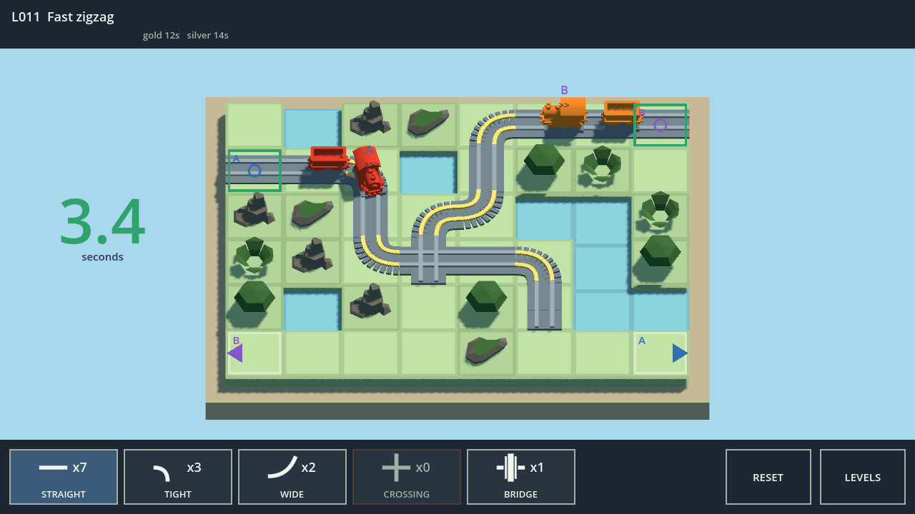 A fast train and a medium one race for the crossing in the middle. And it is a free level.